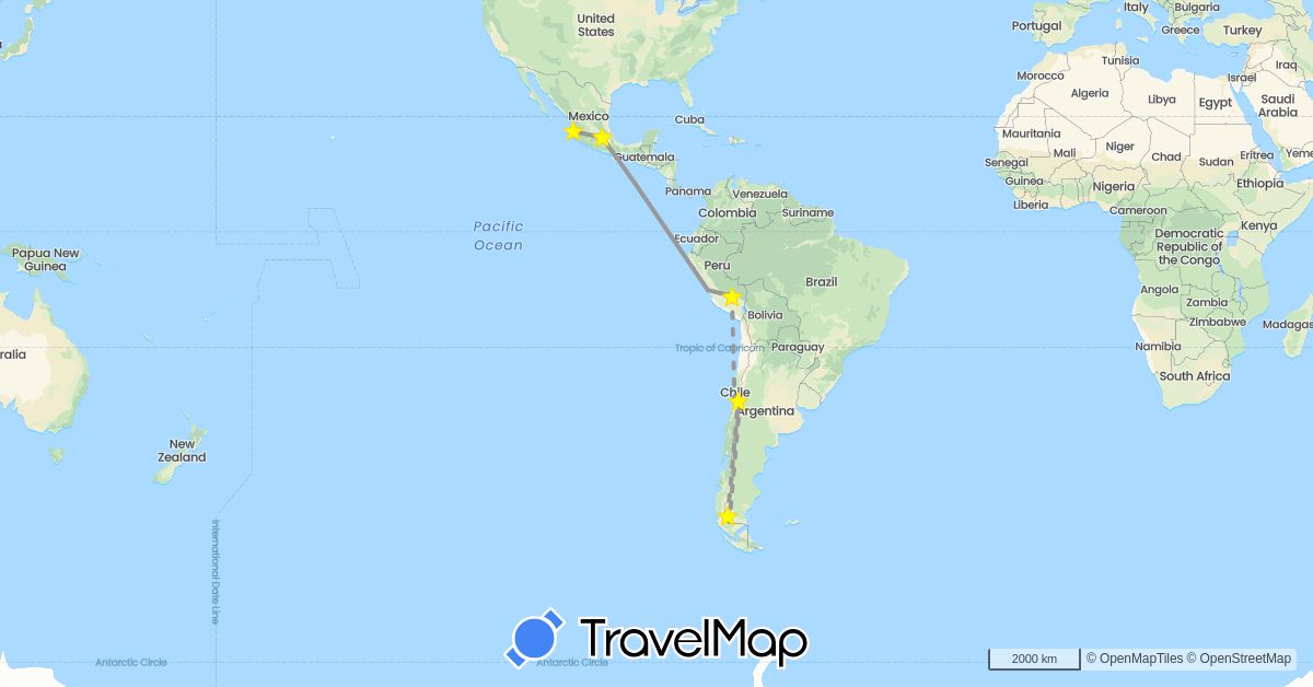TravelMap itinerary: driving, bus, plane in Chile, Mexico, Peru (North America, South America)