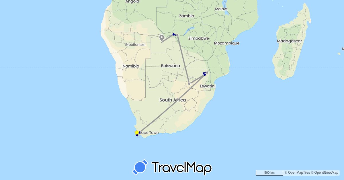 TravelMap itinerary: driving, plane in Botswana, South Africa, Zimbabwe (Africa)