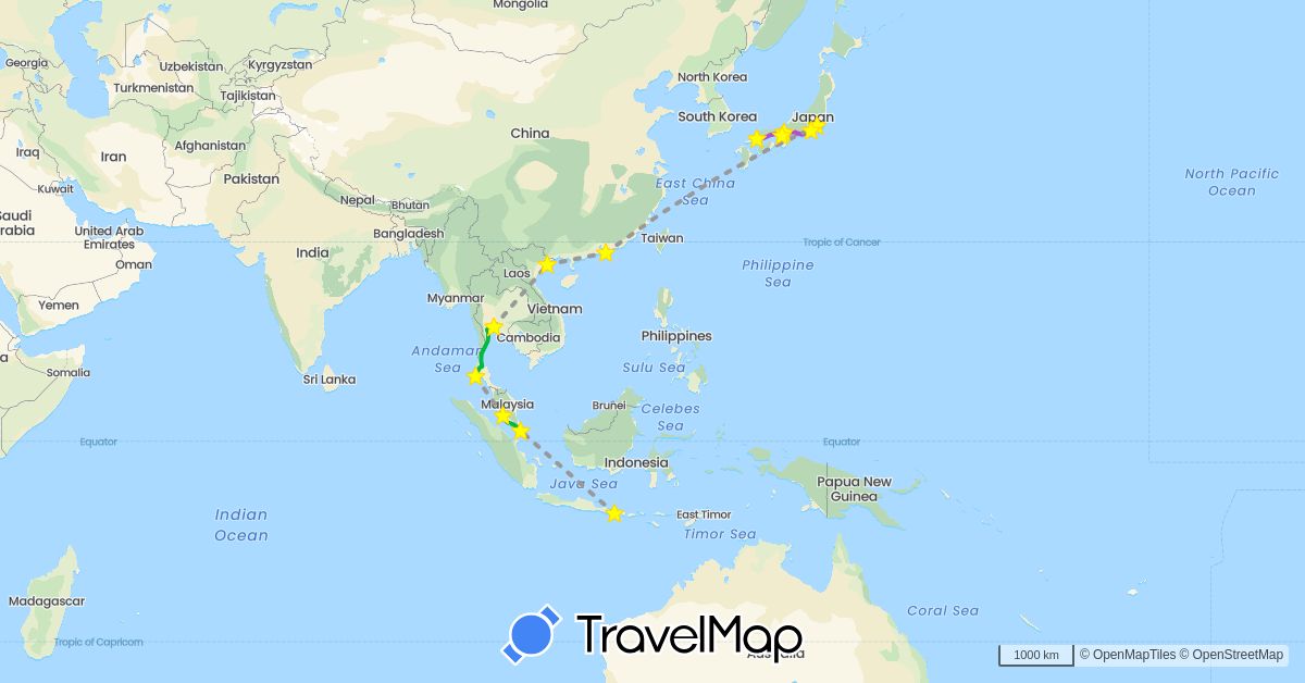 TravelMap itinerary: driving, bus, plane, train in China, Indonesia, Japan, Malaysia, Singapore, Thailand, Vietnam (Asia)